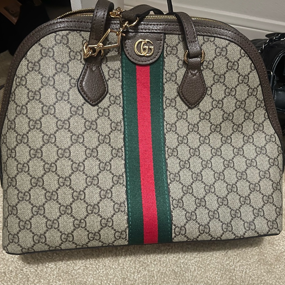 Gucci Beige and Brown Monogram Bag with Red and Green Stripe